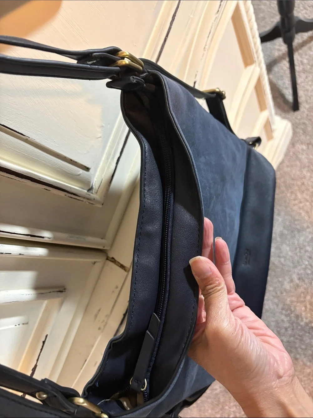 Classic Navy Suede & Leather Hobo Shoulder Bag